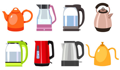 Set of electric kettles for boiling water and teapots. Porcelain, metal and glass teapot insulated on a white background.