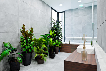 Fototapeta na wymiar modern bathroom design with tiles concrete and wood