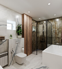 3D interior design of a modern bathroom with marble and wood