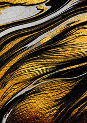 Golden swirl, artistic design. Suminagashi – the ancient art of Japanese marbling. Paper marbling is a method of aqueous surface design. Black and gold paper texture.
