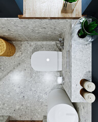 3D Rendering Modern Bathroom Design with Tiles under Concrete and Marble