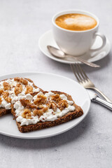 Sandwich with philadelphia and walnuts. Healthy nutritious paleo keto breakfast concept.