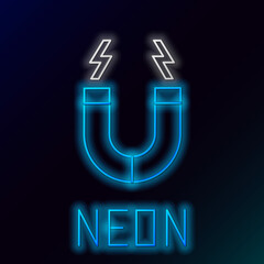 Glowing neon line Magnet icon isolated on black background. Horseshoe magnet, magnetism, magnetize, attraction. Colorful outline concept. Vector