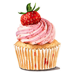 watercolor painting cupcake with strawberry cream and berry dessert illustration