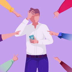 Public blame with pointing fingers on upset man. Frustrated male character, employee reading haters comments of his colleagues. Sad man suffering from cyberbullying at work. Cartoon vector illustrati