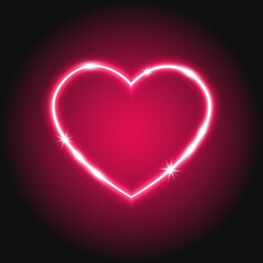 Pink neon heart with highlights, glowing sign on dark background, vector illustration.