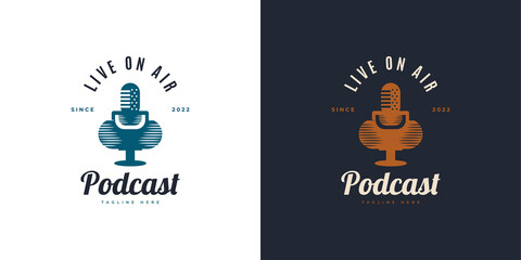 Vintage Podcast Logo Design. Podcast, Radio or, Microphone Logo or Icon. Webcast Audio Record Concept Logo