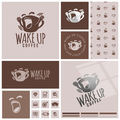 simple coffee logo with seamless pattern and mockup template