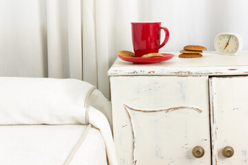 Tea with pastries for a snack at home. Copy space.