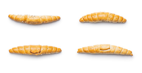 Baked croissant. Crispy bun roll isolated on white background.