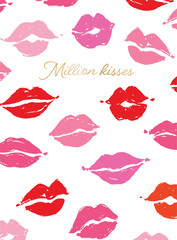 Valentine's card with woman lips and text Million kisses. Pre-made postcard design. Vector illustration