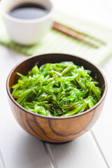 Green wakame. Seaweed salad in bowl