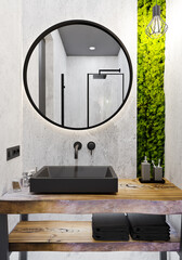 3D interior design of a modern bathroom with marble and wood