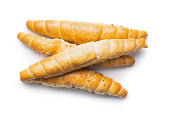 Baked croissant. Crispy bun roll isolated on white background.
