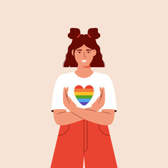LGBT pride month. Smiling trendy woman embrace lgbt heart. Woman support lgbt community. Pride month celebration against violence, discrimination, human rights. Banner