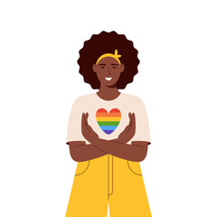 LGBT pride month. Smiling trendy woman embrace lgbt heart. Woman support lgbt community. Pride month celebration against violence, discrimination, human rights.Isolated on white. Banner