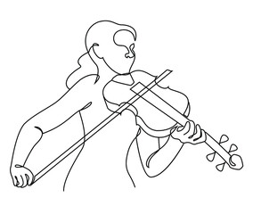 Silhouette of a beautiful woman with a violin in a modern continuous line style. Violinist girl, slender. Continuous line drawing, decor aesthetic outline, posters, stickers, logo. Vector illustration