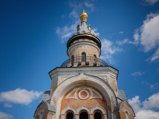 Obraz premium summer travel to Russia, Torzhok city. Novotorzhsky Borisoglebsky Monastery. Architectural monument on high bank of Tvertsa River. one of oldest Russian Orthodox monasteries