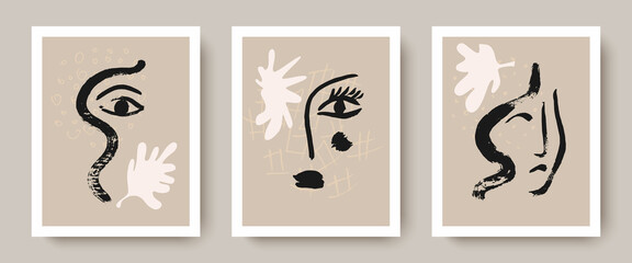 A set of creative templates in a fashionable style with a portrait drawn with a brush, modern abstract forms.Design for home and office decor