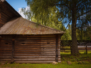 summer travel to Russia, Torzhok city. Architectural and Ethnographic Museum Vasilevo. typical buildings of the northern type - a Karelian house and barns