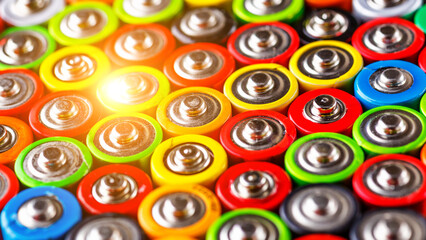 Fototapeta premium Energy abstract background of colorful batteries.Used batteries from different manufacturers, waste, collection and recycling,Alkaline battery aa size.Concept background of colorful batteries