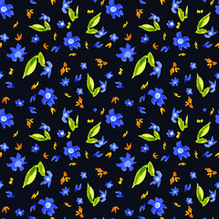 Floral watercolor seamless pattern. Small blue flowers and leaves on a dark blue background. Elegant watercolor background.