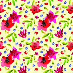 Floral watercolor seamless pattern. Red and blue flowers, green leaves on a light yellow background. Bright watercolor background.