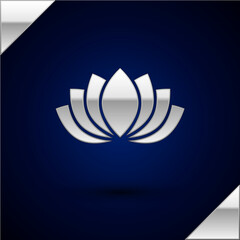 Silver Lotus flower icon isolated on dark blue background. Vector