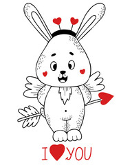 Cute rabbit character cupid with wings and an arrow with heart. Vector illustration in hand drawn linear doodle style. Funny animal for design and decoration, postcards and valentines