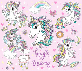 Sticker pack cute cartoon unicorns vector illustration pink