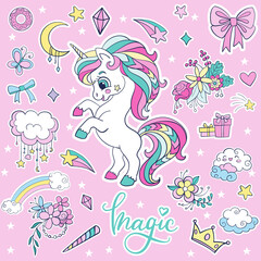 Sticker pack cute unicorn vector illustration pink © alinart