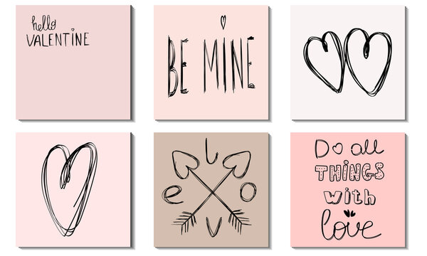 Fototapeta A set of postcards in pastel pink colors with inscriptions for Valentine's Day