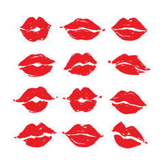 Red female lips. Set of drawings with kisses. Vector illustration