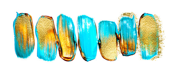 Vivid painting. Golden abstraction of brush strokes. Adding gold drops, sprays, luxury brushes, gold elements. Modern abstract artwork. Blue. Masterpiece of designing art. Gold and bright brushes.