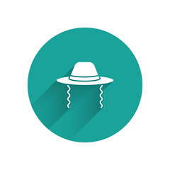 White Orthodox jewish hat with sidelocks icon isolated with long shadow. Jewish men in the traditional clothing. Judaism symbols. Green circle button. Vector