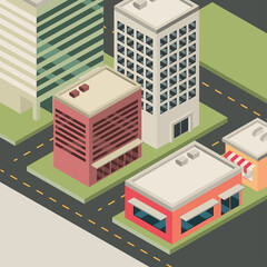 isometric city, shop and buildings