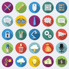 Set of business and office icons in flat design with long shadows 