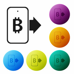 Black Mining bitcoin from mobile icon isolated on white background. Cryptocurrency mining, blockchain technology service. Set icons in color circle buttons. Vector