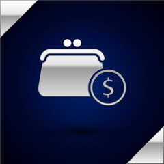 Silver Wallet with coins icon isolated on dark blue background. Purse icon. Cash savings symbol. Vector