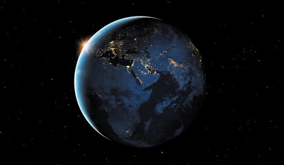 VUE DE L'EUROPE ET DE L'AFRIQUE DEPUIS L'ESPACE LA NUIT. Elements of this image furnished by NASA - obrazy, fototapety, plakaty