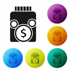 Black Glass money jar with coin icon isolated on white background. Icon saving or accumulation of money, investment. Set icons in color circle buttons. Vector