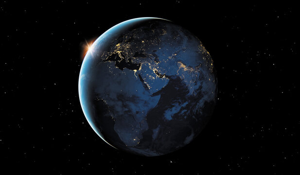 VUE DE L'EUROPE ET DE L'AFRIQUE DEPUIS L'ESPACE LA NUIT. Elements of this image furnished by NASA
