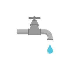 Classic colorful water tap with drop, icon isolated on white background. Faucet pictogram. Cartoon flat design. Vector illustration