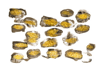 Abstract. Vivid painting. Golden abstraction of brush strokes. Adding gold drops, sprays, luxury brushes, gold elements. Modern abstract artwork. Masterpiece of designing art. Gold and bright brushes.