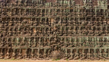 Detailed stone wall art carving, Angkor temples, Siem Reap, Cambodia