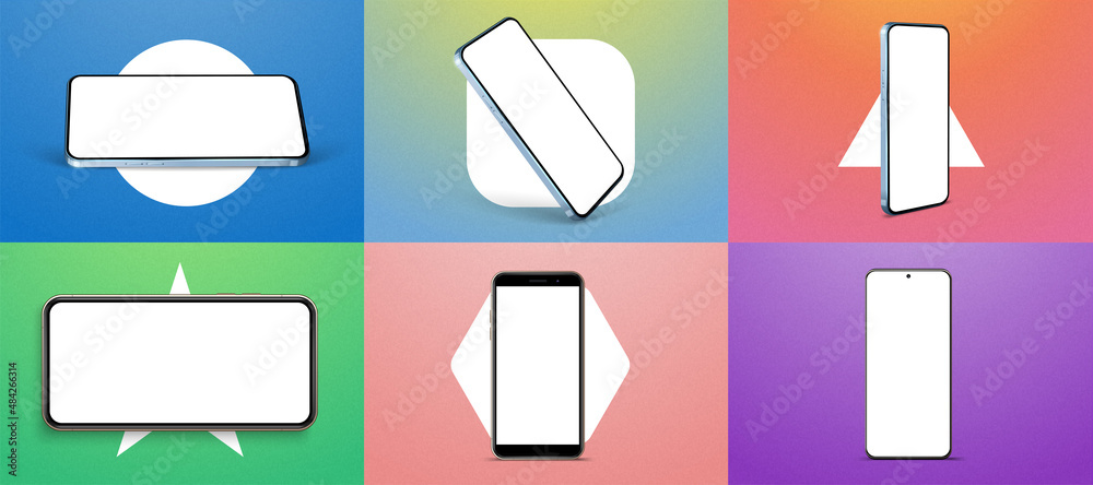 Sticker smartphone frameless blank screen, rotate position. smartphone from different angles. mockup generic