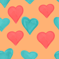 pattern of blue and pink hearts painted in watercolor