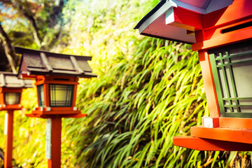 A traditional Japanese style wooden lamp post with hints of fall color behind it on a cloudy day.
