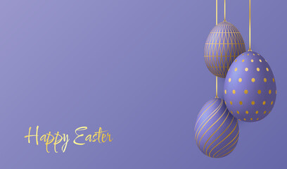 Happy Easter greeting card with 3d eggs in trendy colors Very Peri.