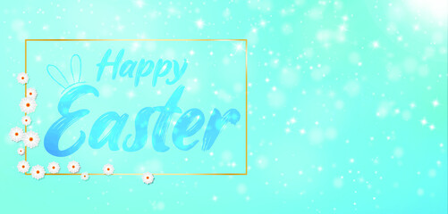 Easter greeting card in blue with spring flowers in light pastel turquoise colors